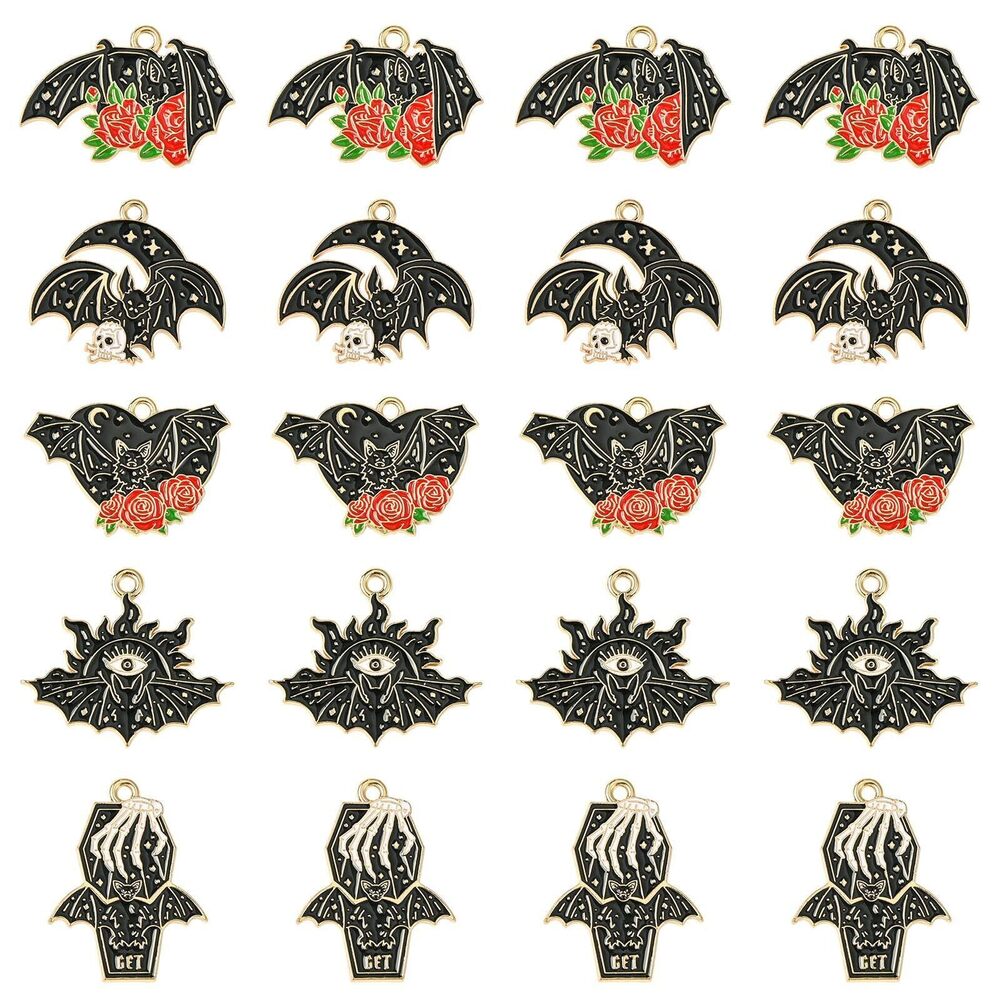 2983 20 pcs 5 Colors Halloween Bat Theme Alloy Enamel Charms Ghost Rose